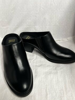 FRYE Black Leather Slip-On Mules with Block Heel
